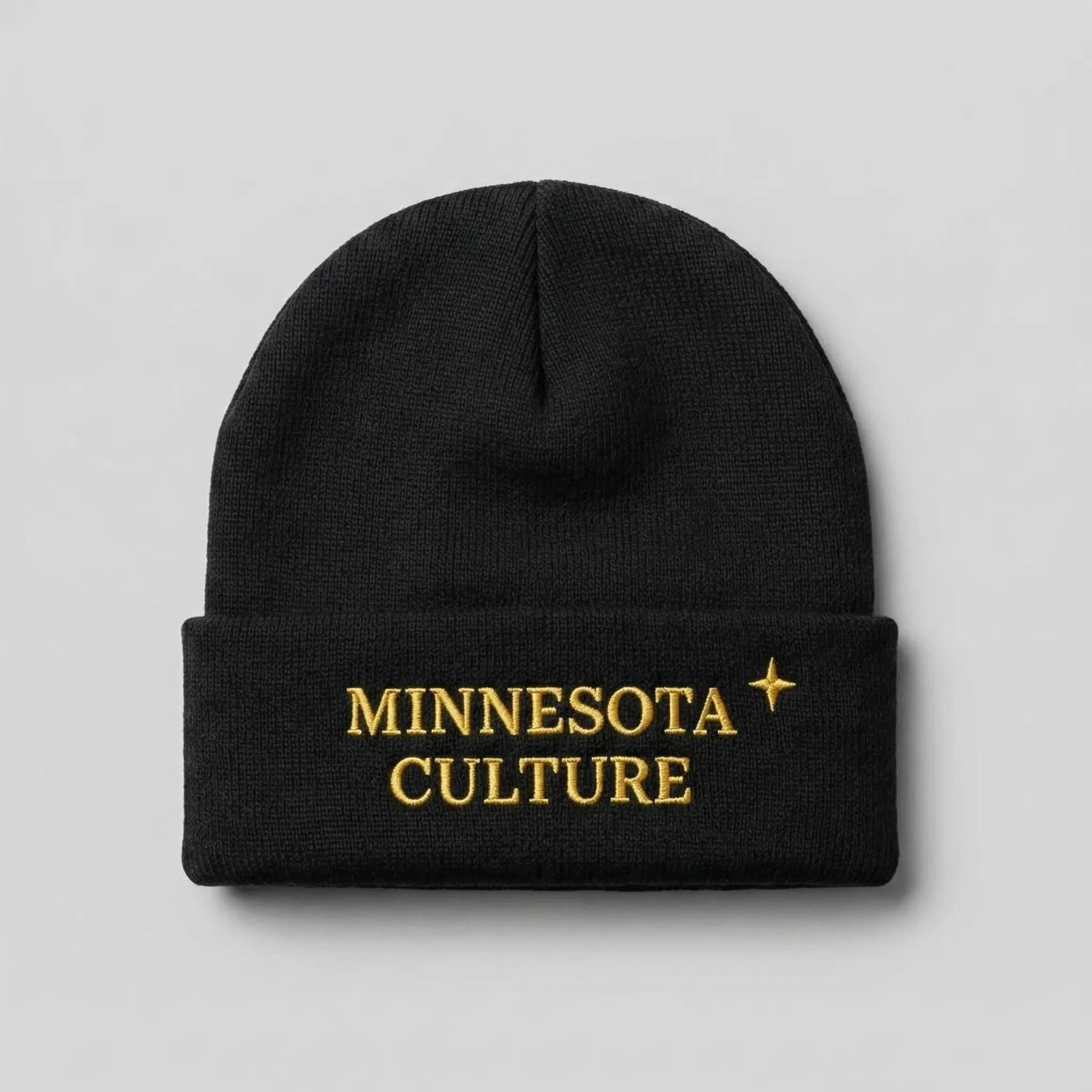 Black cuffed beanie with "MINNESOTA CULTURE" embroidered in gold text, and a small gold north star accent