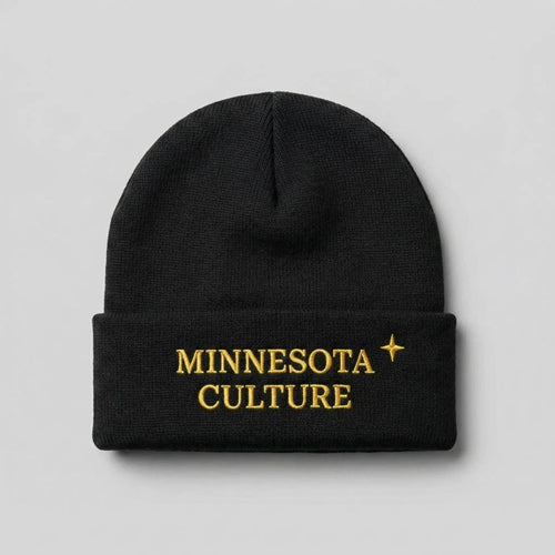 Black cuffed beanie with "MINNESOTA CULTURE" embroidered in gold text, and a small gold north star accent