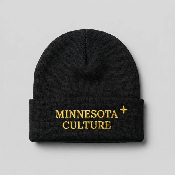 Black cuffed beanie with "MINNESOTA CULTURE" embroidered in gold text, and a small gold north star accent