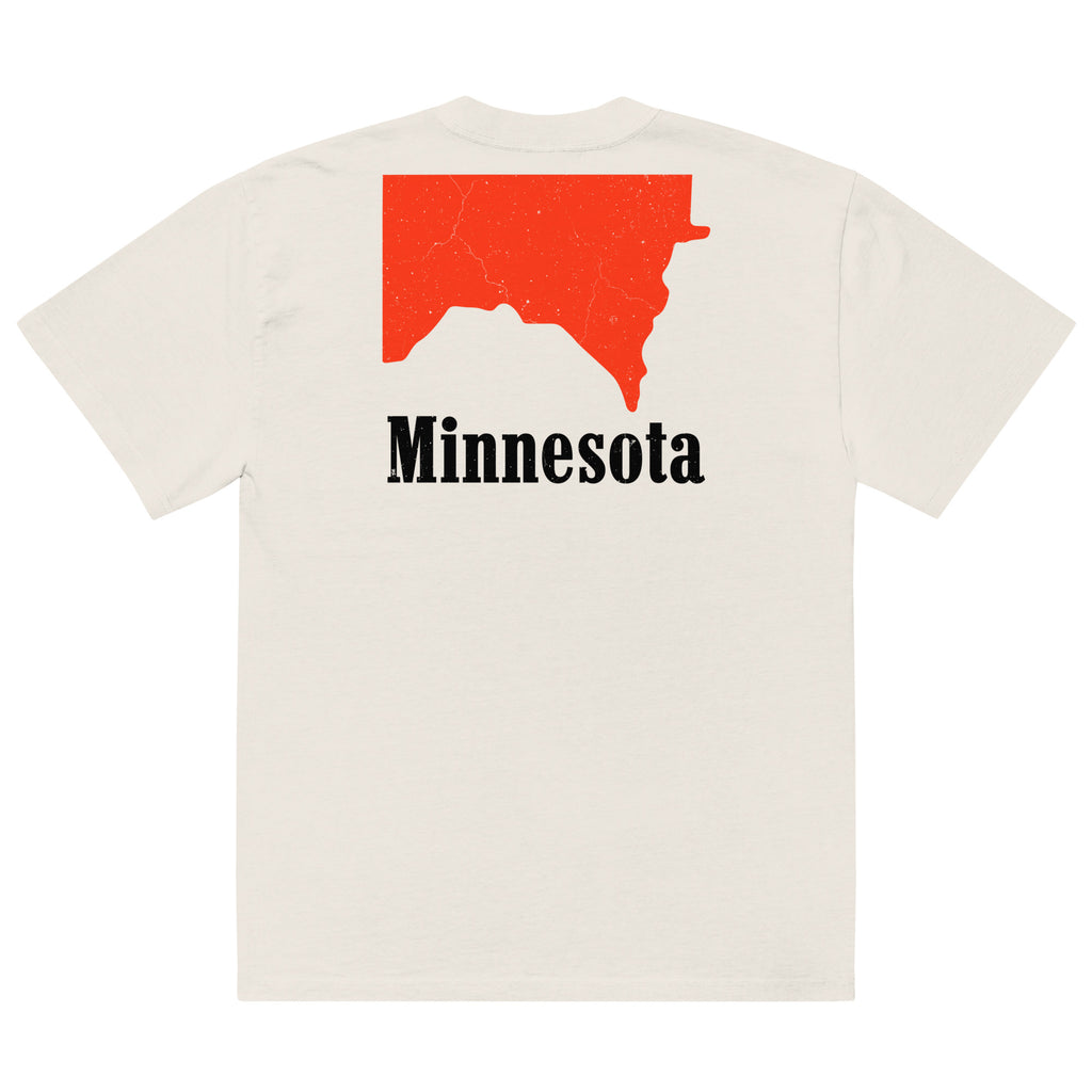 Back of Beige colored Minnesota shirt with a flipped, red Minnesota shape with Minnesota text underneath, inspired by Marlboro logo