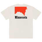 Back of Beige colored Minnesota shirt with a flipped, red Minnesota shape with Minnesota text underneath, inspired by Marlboro logo