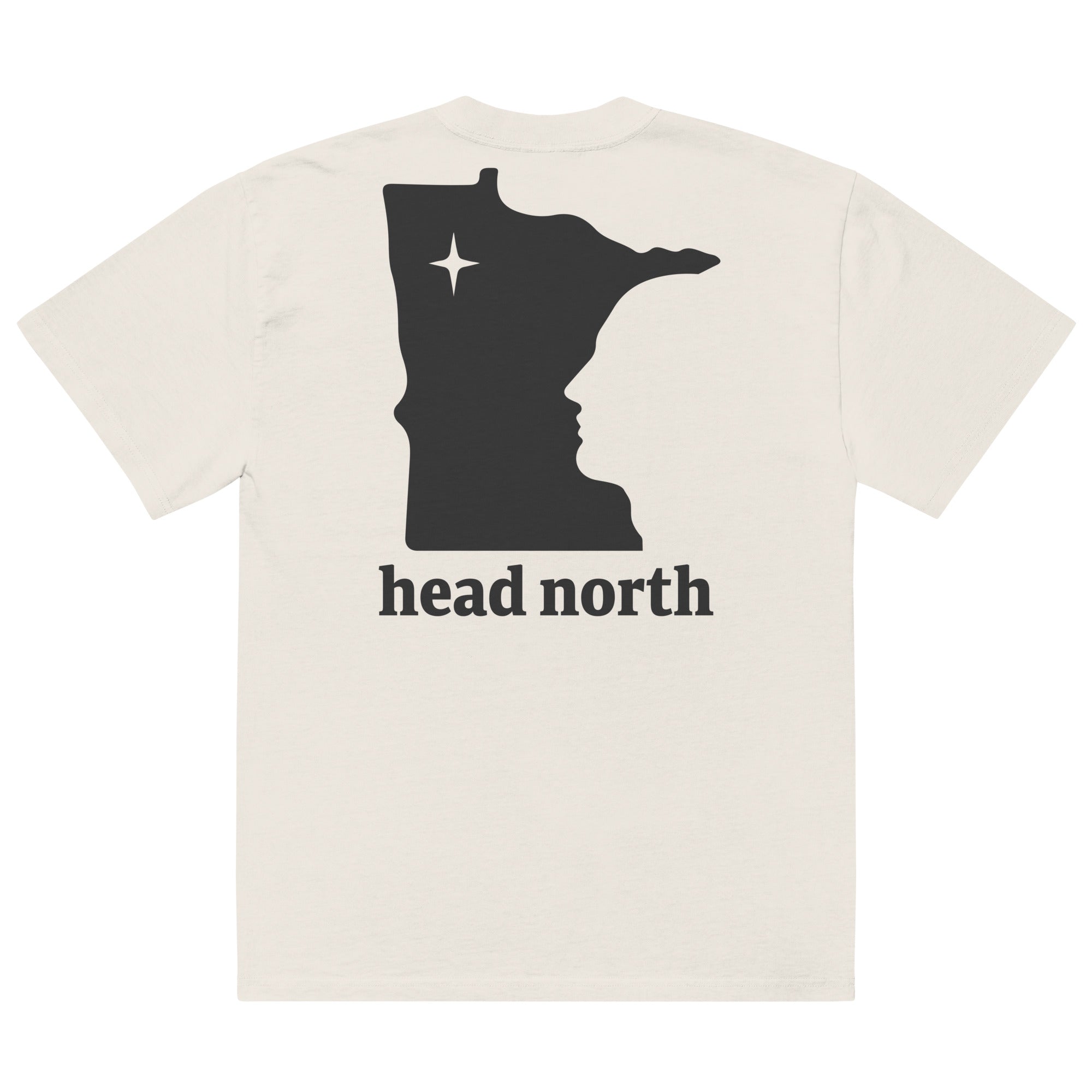 Back view of beige oversized T-shirt with black Minnesota logo and 'head north' text