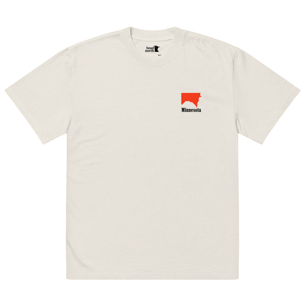 Front of Beige colored Minnesota shirt with a flipped, red Minnesota shape with Minnesota text underneath, small left-chest design, inspired by Marlboro logo