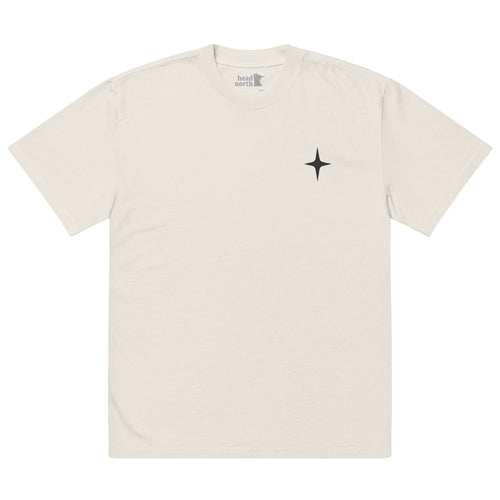 Beige colored oversized T-shirt with black north star logo on chest, casual oversized style