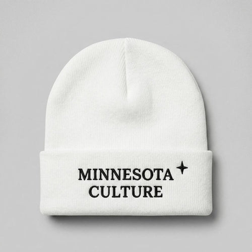 White cuffed beanie with "MINNESOTA CULTURE" embroidered in black text, and a small black north star accent