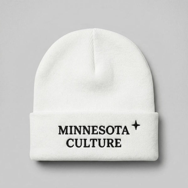 White cuffed beanie with "MINNESOTA CULTURE" embroidered in black text, and a small black north star accent