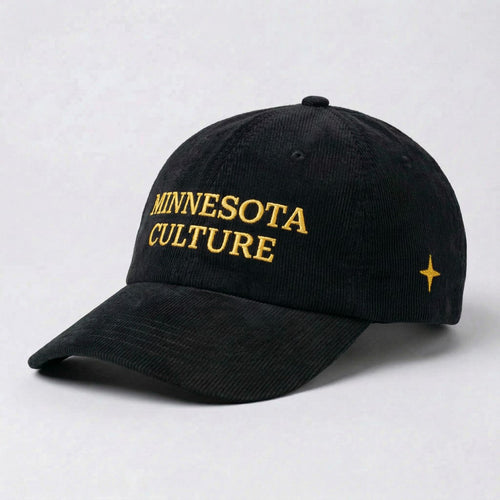 Black corduroy hat with gold embroidered "MINNESOTA CULTURE" on front, with gold embroidered 4 point north star on left panel
