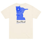Vintage white T-shirt with blue graphic of a Minnesota shaped design and text Head North Clothing Supply