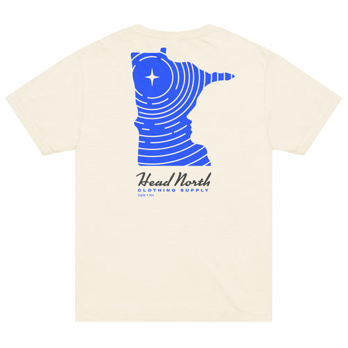 Vintage white T-shirt with blue graphic of a Minnesota shaped design and text Head North Clothing Supply