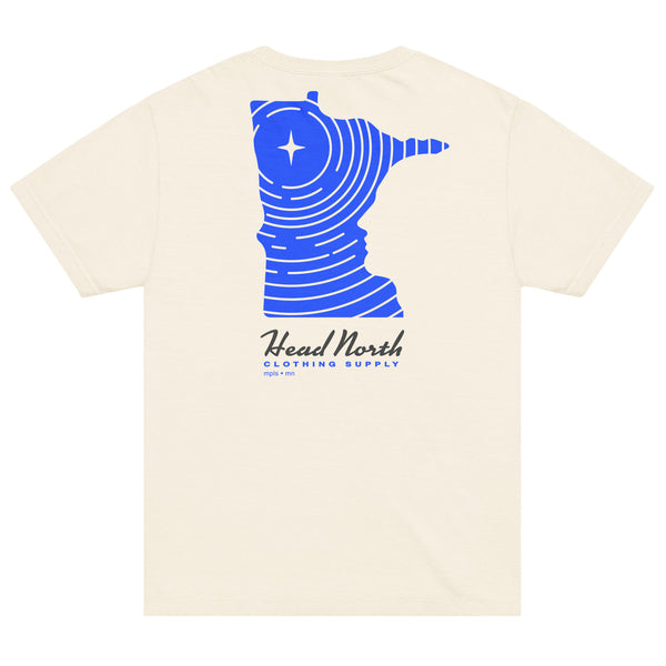 Vintage white T-shirt with blue graphic of a Minnesota shaped design and text Head North Clothing Supply