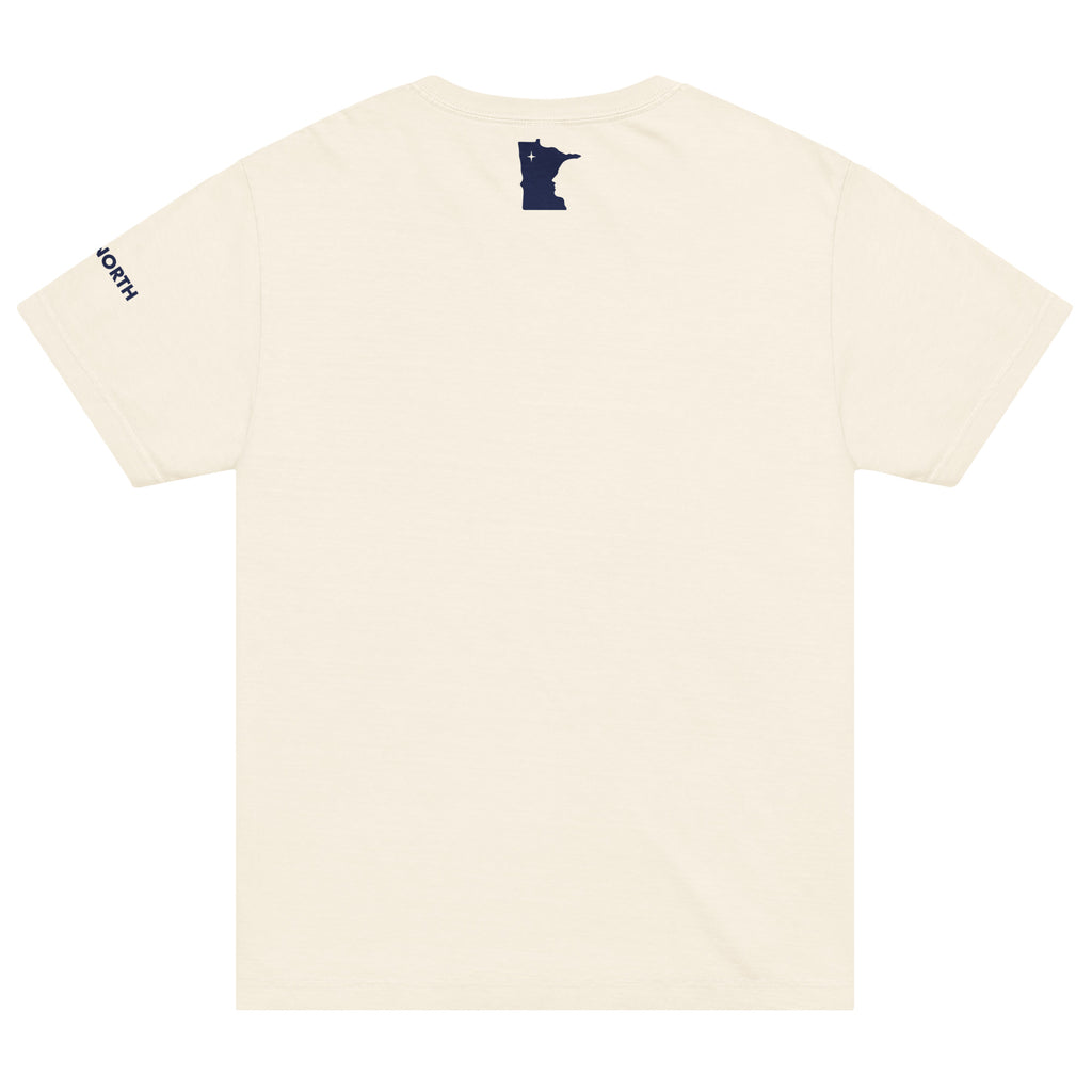 Back of a vintage-white colored t-shirt showing a small, dark blue, Minnesota-shaped logo in the upper neck area of the t-shirt