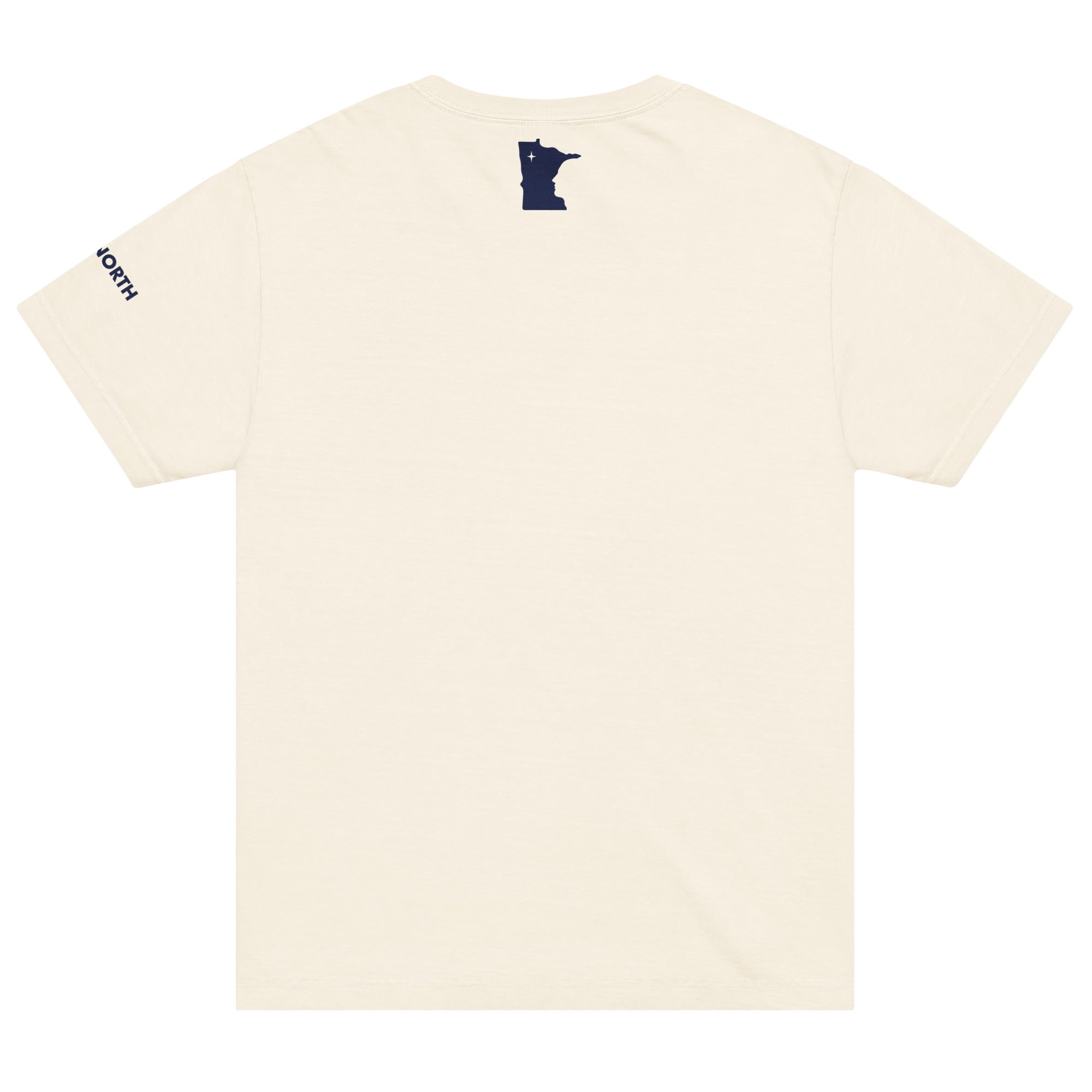 Back of a vintage-white colored t-shirt showing a small, dark blue, Minnesota-shaped logo in the upper neck area of the t-shirt