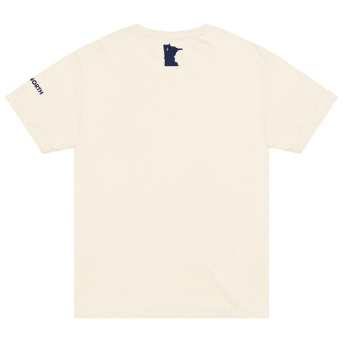 Back of a vintage-white colored t-shirt showing a small, dark blue, Minnesota-shaped logo in the upper neck area of the t-shirt