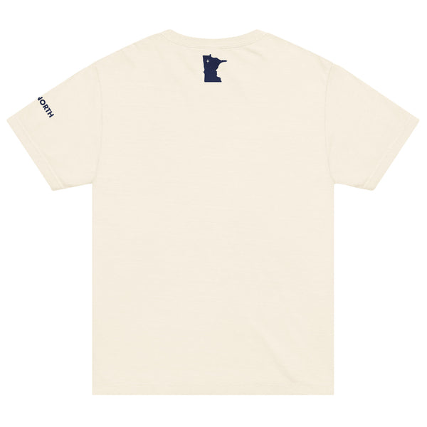 Back of a vintage-white colored t-shirt showing a small, dark blue, Minnesota-shaped logo in the upper neck area of the t-shirt
