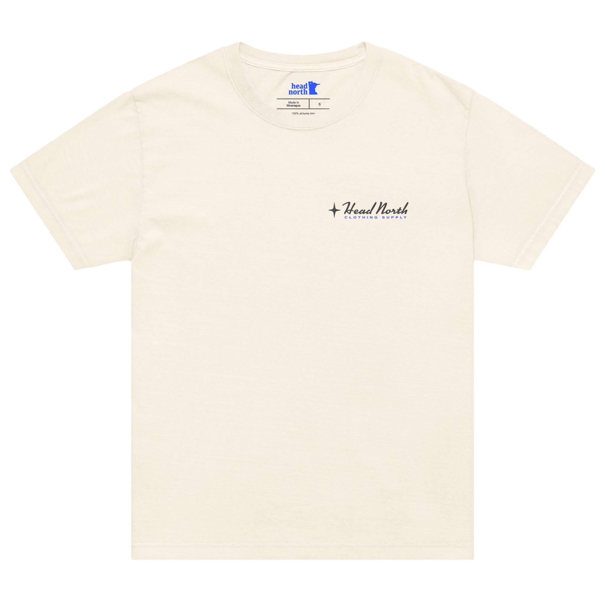 Front of beige T-shirt with black and blue Head North Clothing Supply logo