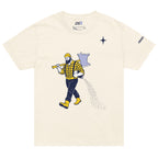 Front of vintage-white colored t-shirt showing a Paul Bunyan Illustration carrying a minnesota-shaped axe, with a blue north star shape in upper right corner of design