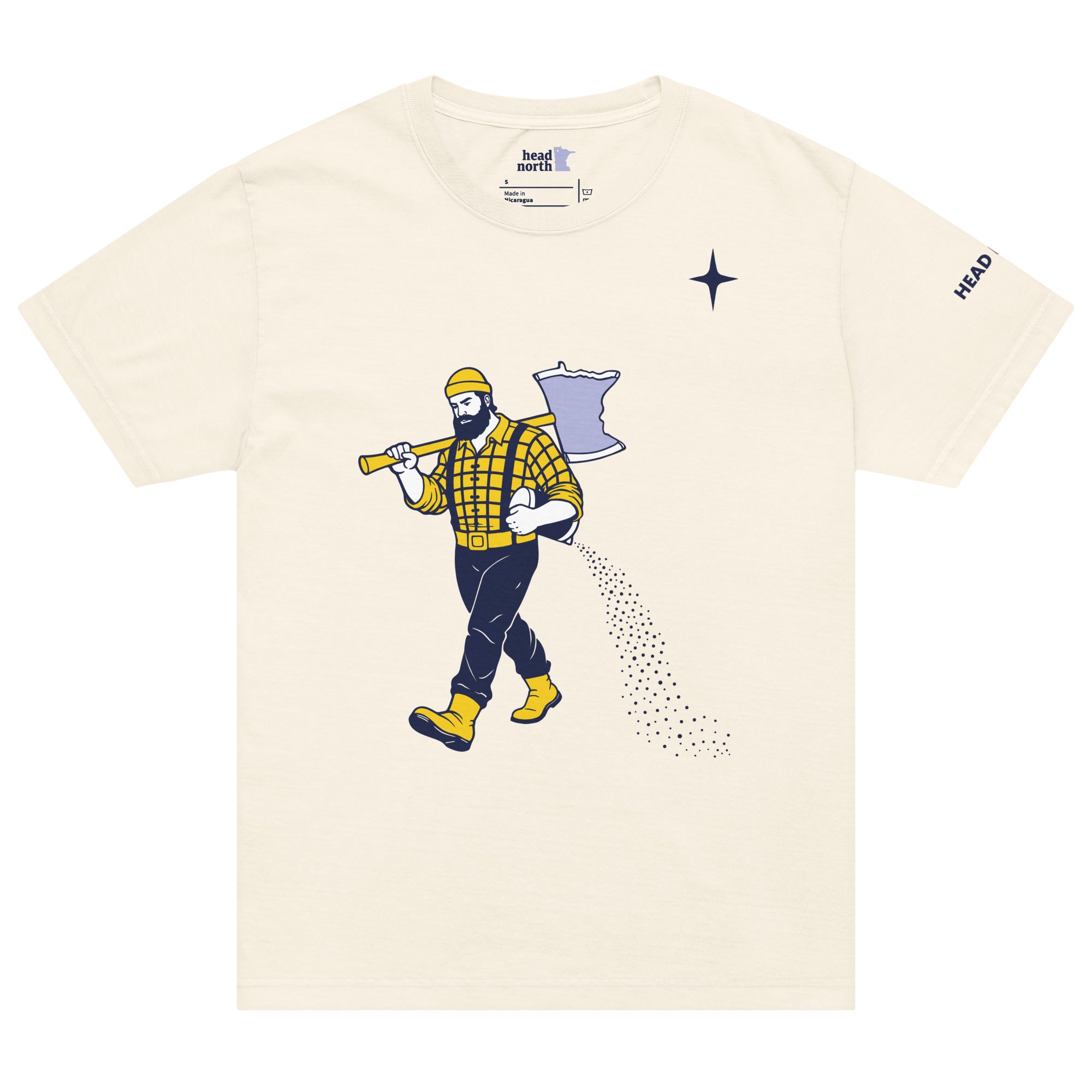 Front of vintage-white colored t-shirt showing a Paul Bunyan Illustration carrying a minnesota-shaped axe, with a blue north star shape in upper right corner of design