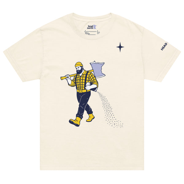 Front of vintage-white colored t-shirt showing a Paul Bunyan Illustration carrying a minnesota-shaped axe, with a blue north star shape in upper right corner of design