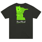 Back of faded black T-shirt with green minnesota shaped design and Head North Clothing Supply text