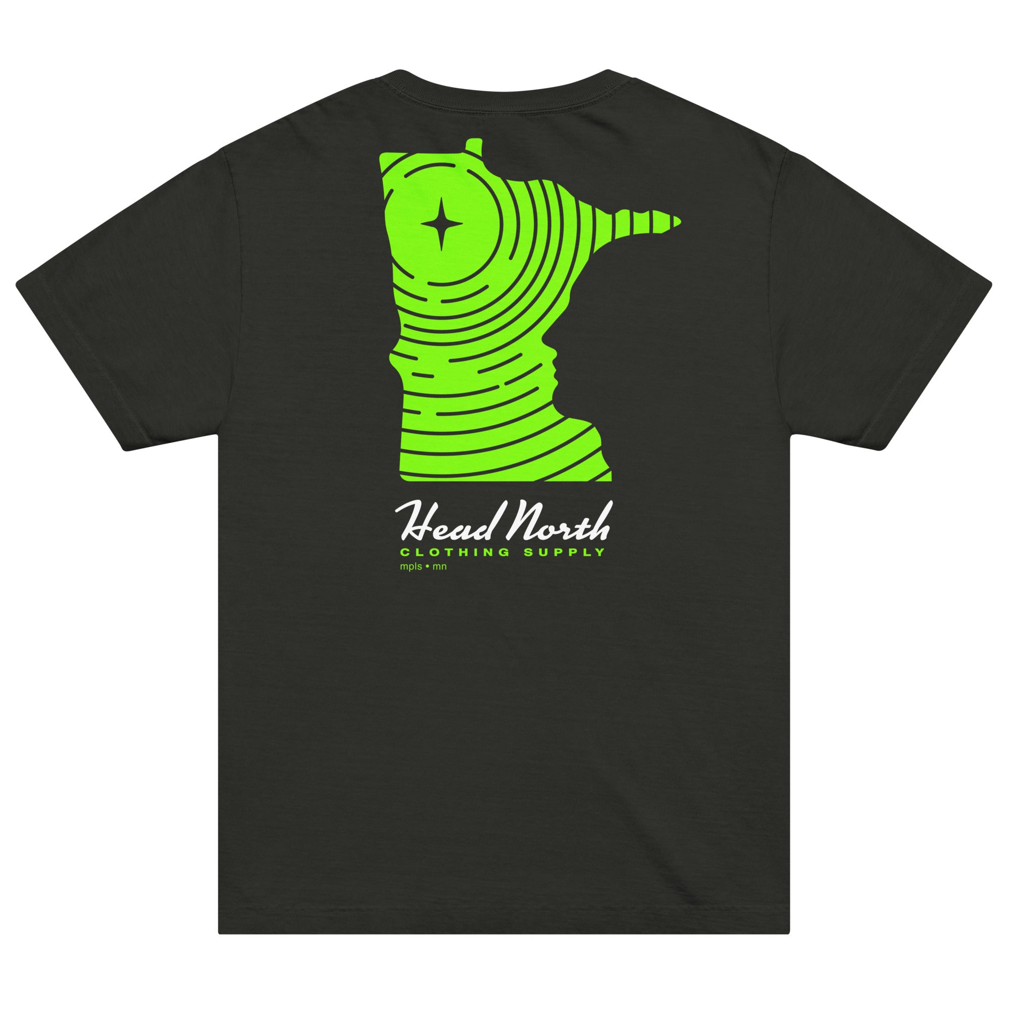 Back of faded black T-shirt with green minnesota shaped design and Head North Clothing Supply text