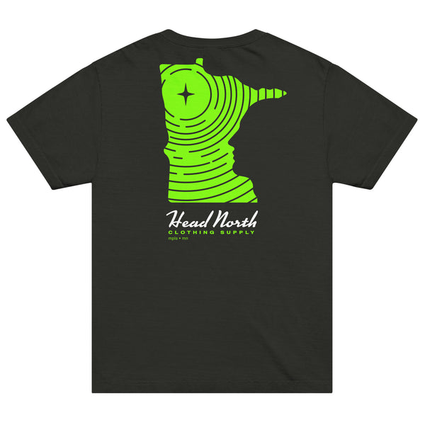 Back of faded black T-shirt with green minnesota shaped design and Head North Clothing Supply text