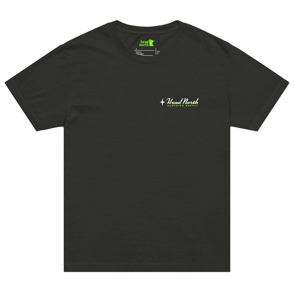 Front of faded black t-shirt with Head North Clothing supply text on front left-chest area