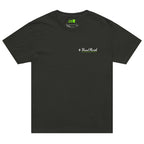 Front of faded black t-shirt with Head North Clothing supply text on front left-chest area