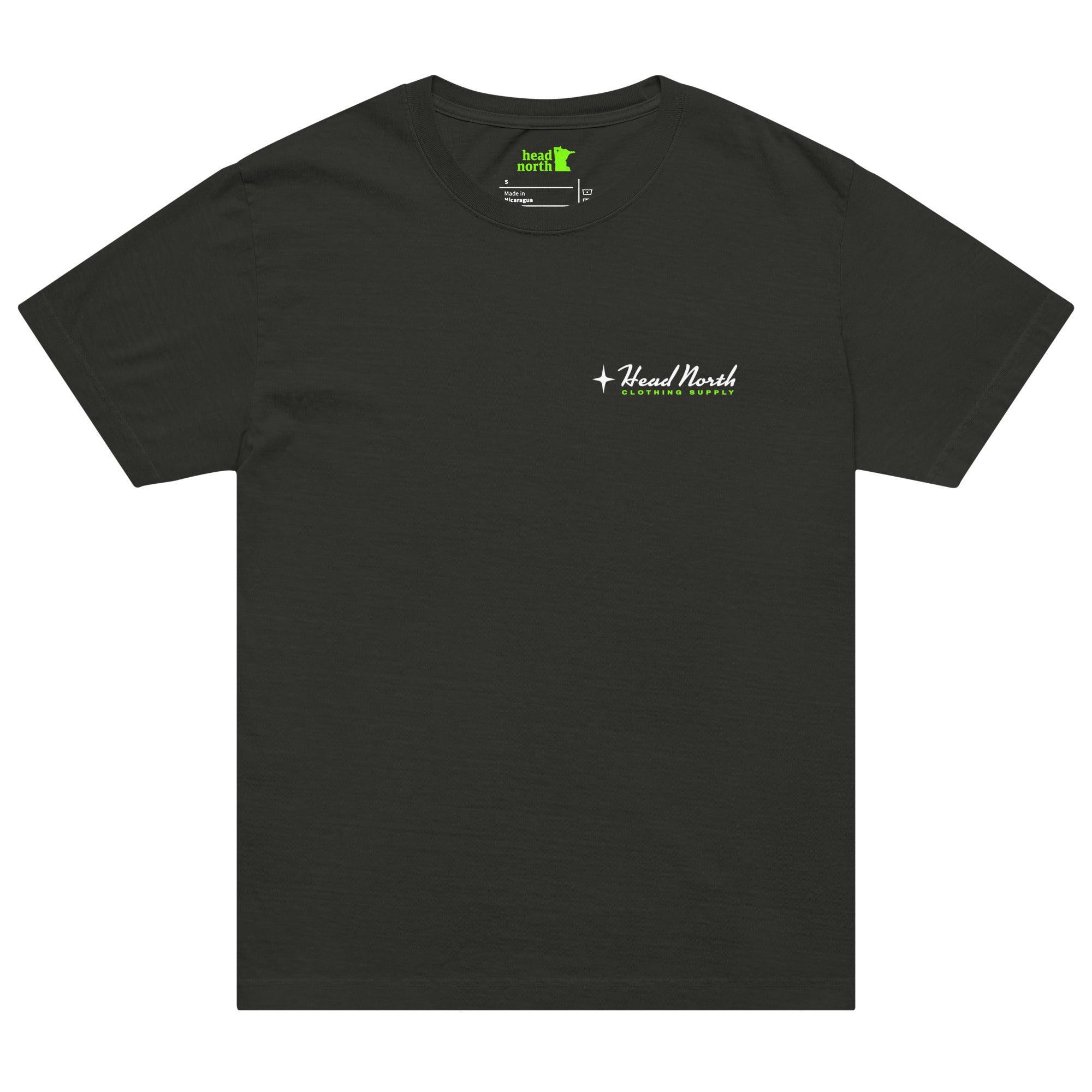 Front of faded black t-shirt with Head North Clothing supply text on front left-chest area